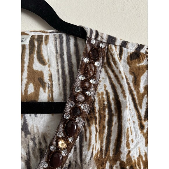 Vintage Y2k 90s Cato Beaded‎ Top Womens Medium Animal Print Summer Neutral Tan - Picture 5 of 7